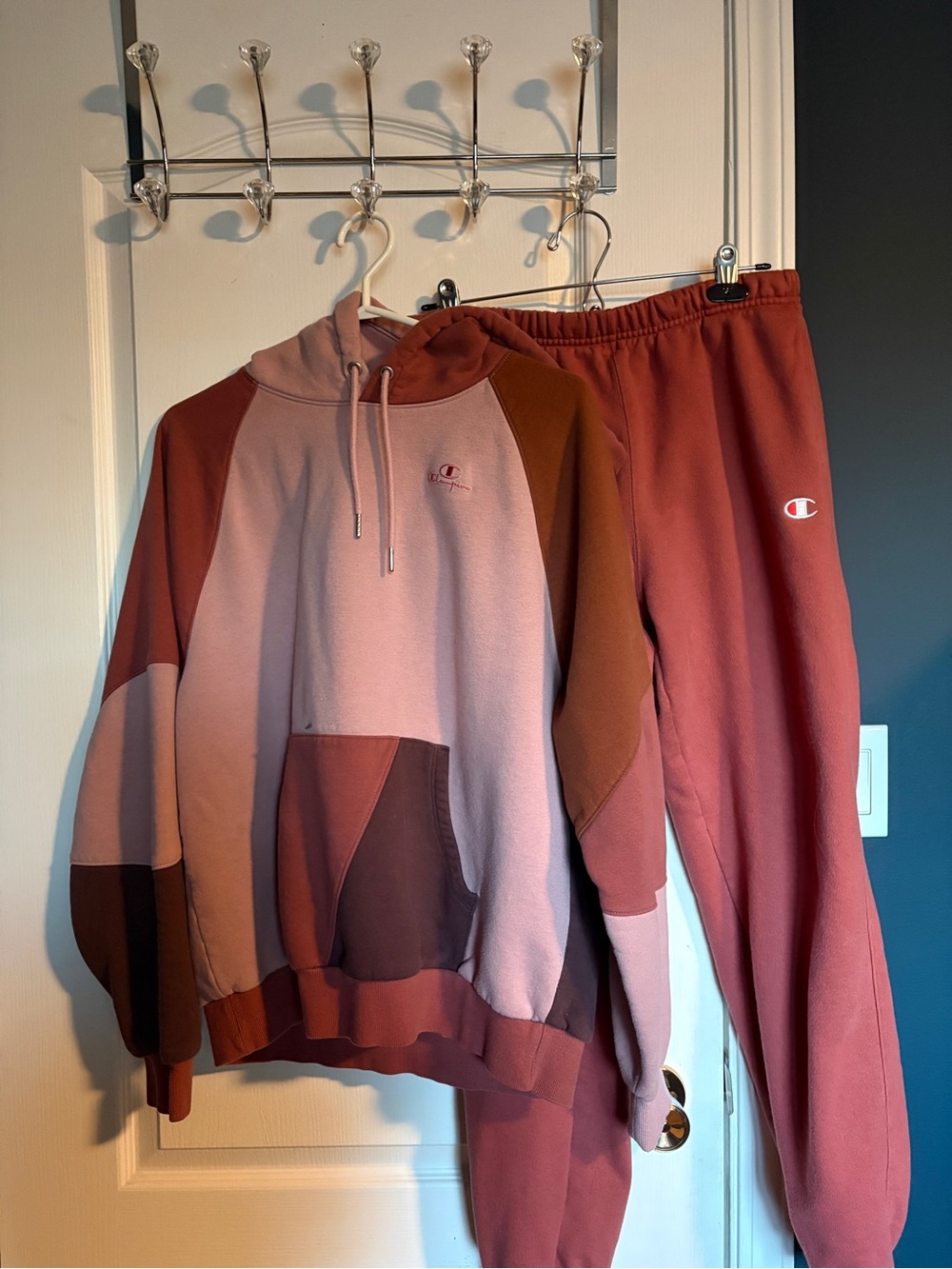 Champion Womenβs Colorblock Crewneck Hoodie & Joggers - Pink & Brown